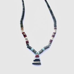 Multi-Stone Inlay Heishi Necklace-Turquoise, Jet, Shiny Oyster & Shell